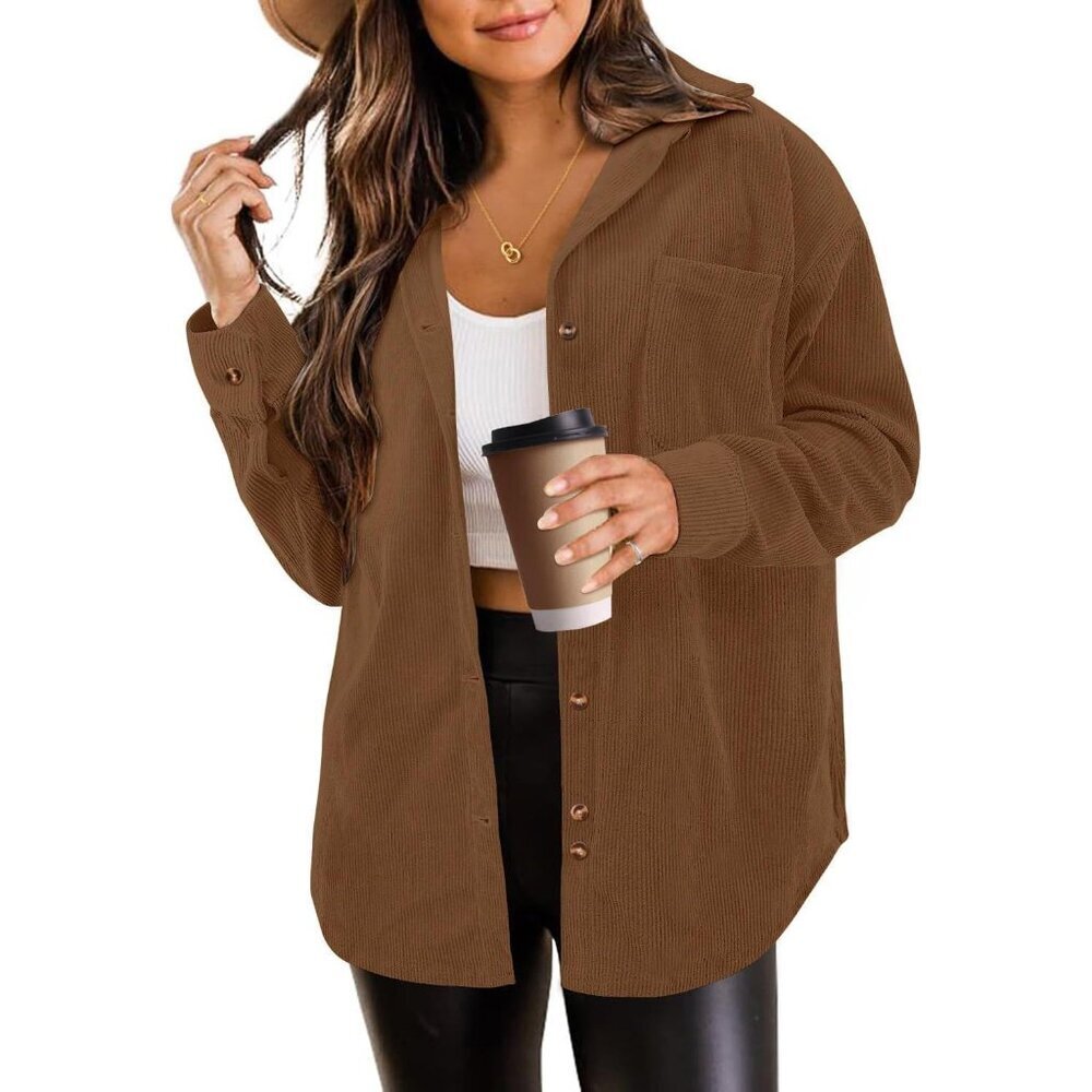 Women's Corduroy Button Down Shirt Jacket Oversized Casual Top Diamond Quilted